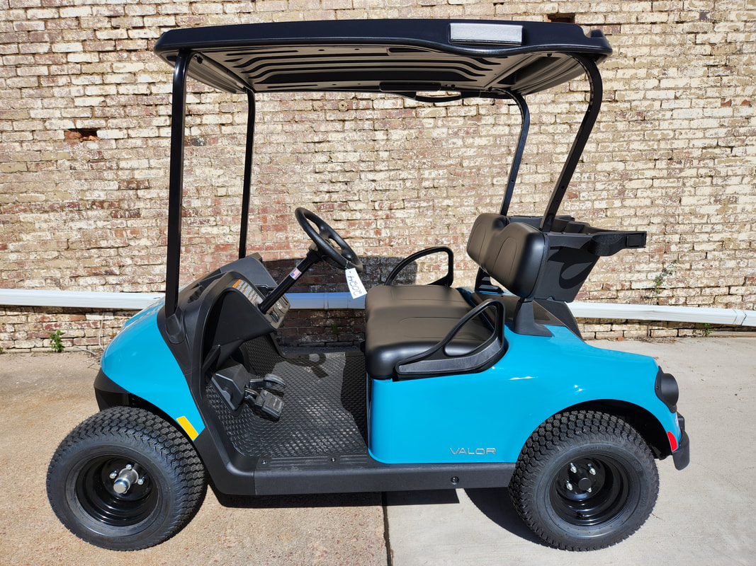 2024 E-Z-GO RXV Valor NEW, EFI (Electronic Fuel Injection) EX1 Engine, Miami Blue, Black Seats & Top, Head-Tail-Brake Lights, Horn, 10
